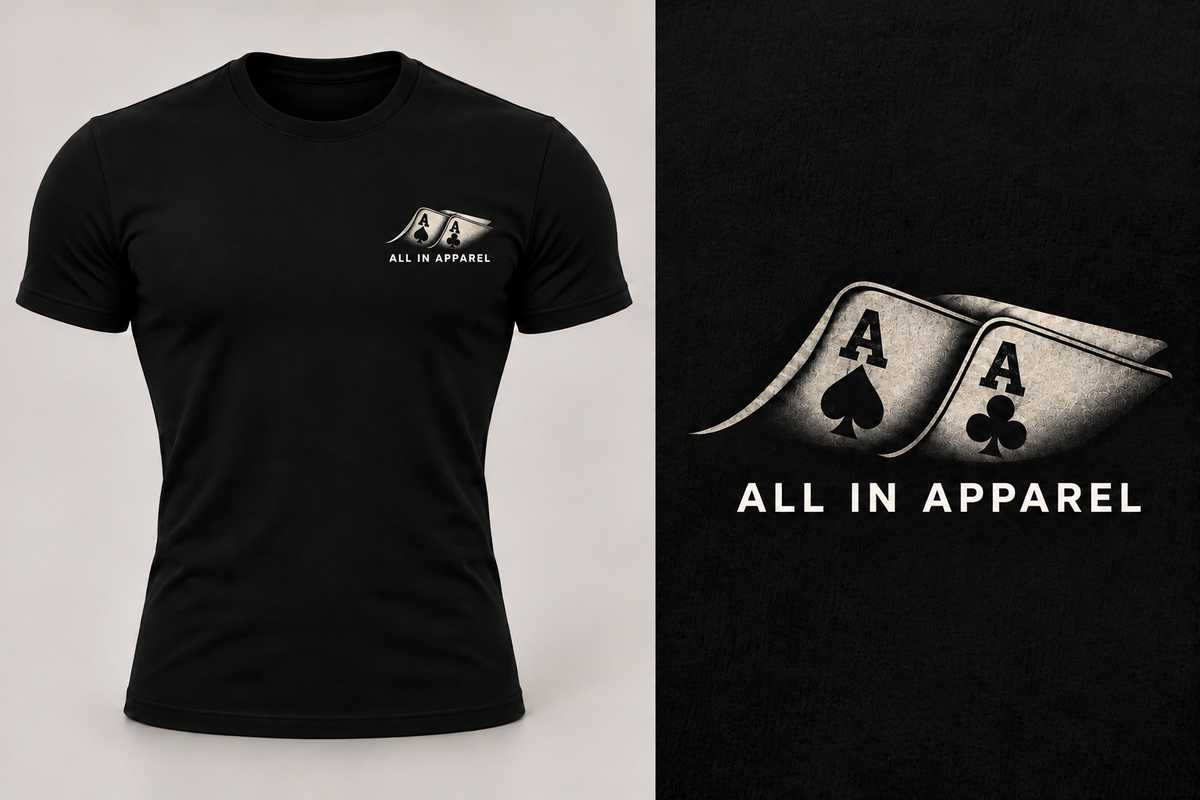 All In Apparel Pocket Aces black fitted tee, faded chest print design mockup